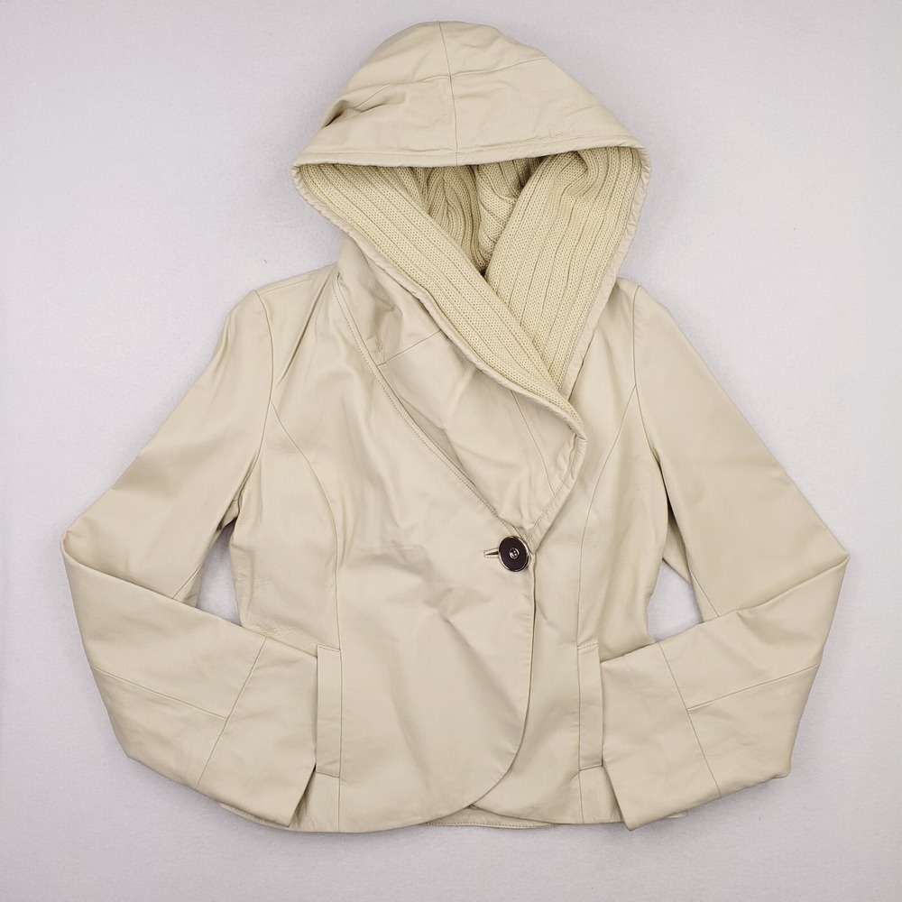 Spiegel Leather Jacket Womens 14 Cream Wrap Front Wool Knit Hood Y2K Designer